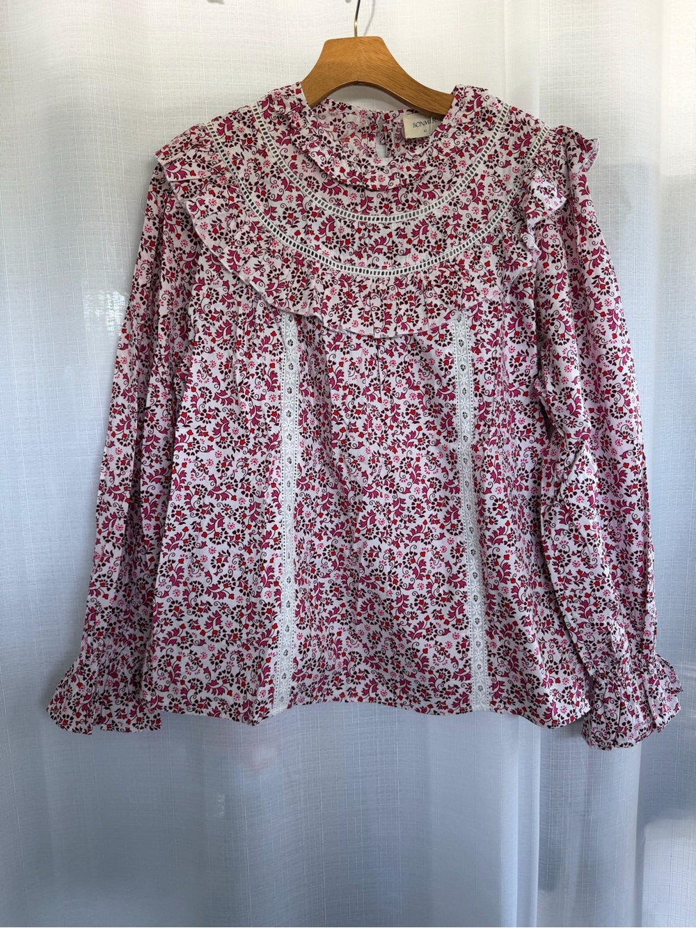 Sonmer Carmen Blouse XL Burgundy Floral Ruffle Lace Trim Cotton Romantic Boho